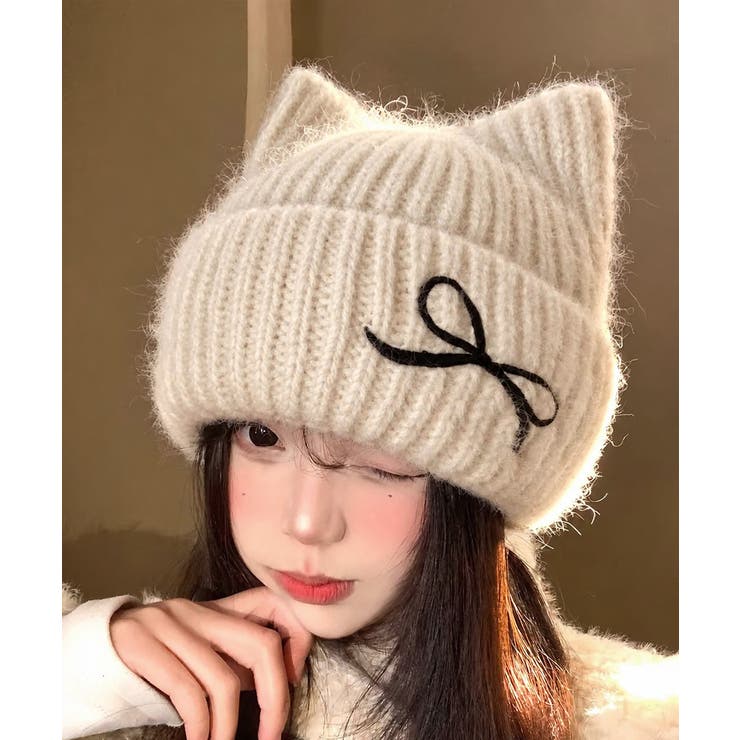 レディース暖かい猫耳ニット帽子 大人可愛い 折り返しニットキャップ | SUNSHINE CLOSET | 詳細画像1 