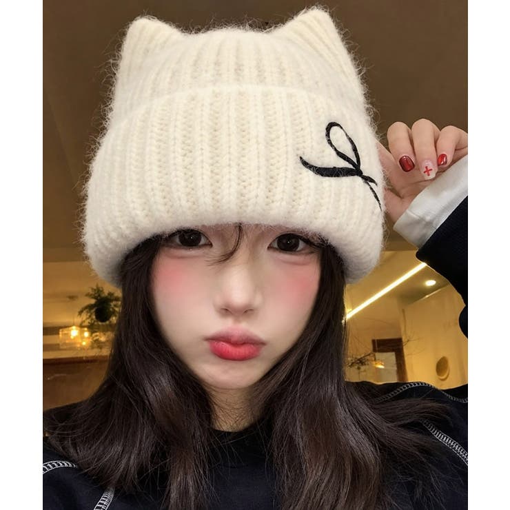 レディース暖かい猫耳ニット帽子 大人可愛い 折り返しニットキャップ | SUNSHINE CLOSET | 詳細画像4 