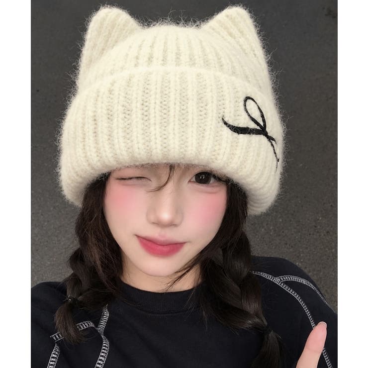 レディース暖かい猫耳ニット帽子 大人可愛い 折り返しニットキャップ | SUNSHINE CLOSET | 詳細画像5 