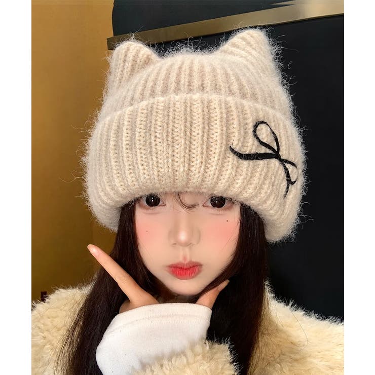 レディース暖かい猫耳ニット帽子 大人可愛い 折り返しニットキャップ | SUNSHINE CLOSET | 詳細画像9 