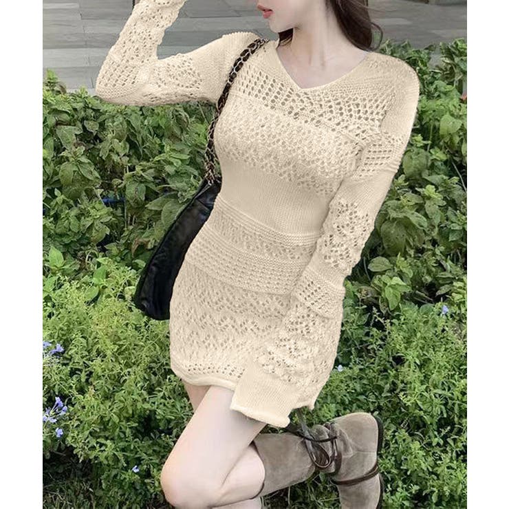 透かし編みニットショートワンピース韓国風 | SUNSHINE CLOSET | 詳細画像2 