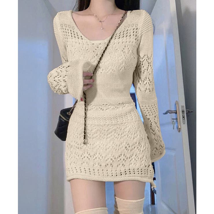 透かし編みニットショートワンピース韓国風 | SUNSHINE CLOSET | 詳細画像4 
