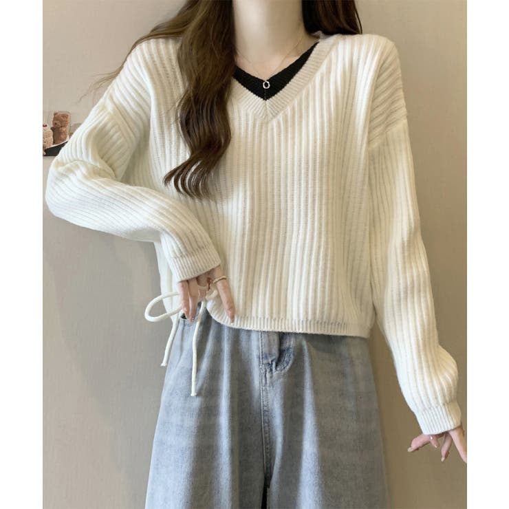Vネックリブニットトップス 暖かいニット | SUNSHINE CLOSET | 詳細画像2 