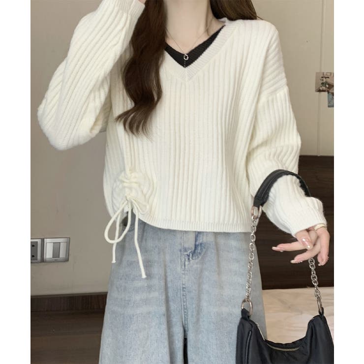Vネックリブニットトップス 暖かいニット | SUNSHINE CLOSET | 詳細画像3 