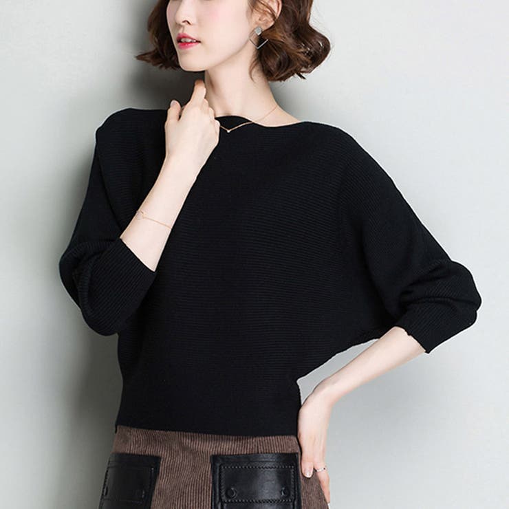 ブラック | ニットトップス ボートネック長袖 | SUNSHINE CLOSET