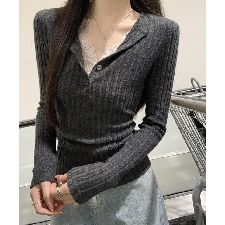 レース付リブニットトップス Vネック長袖 | SUNSHINE CLOSET | 詳細画像5 