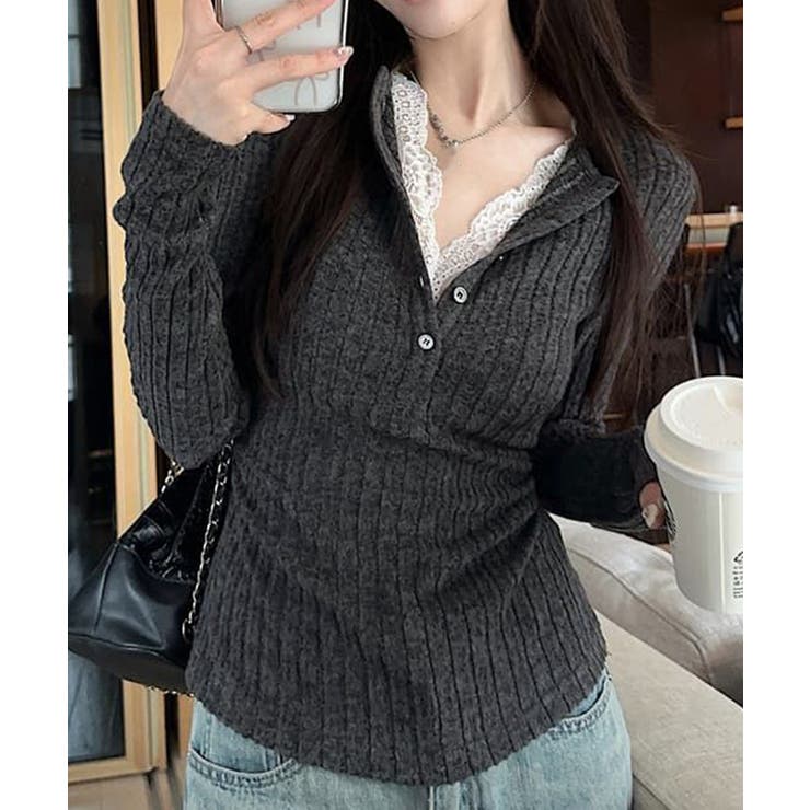 レース付リブニットトップス Vネック長袖 | SUNSHINE CLOSET | 詳細画像7 