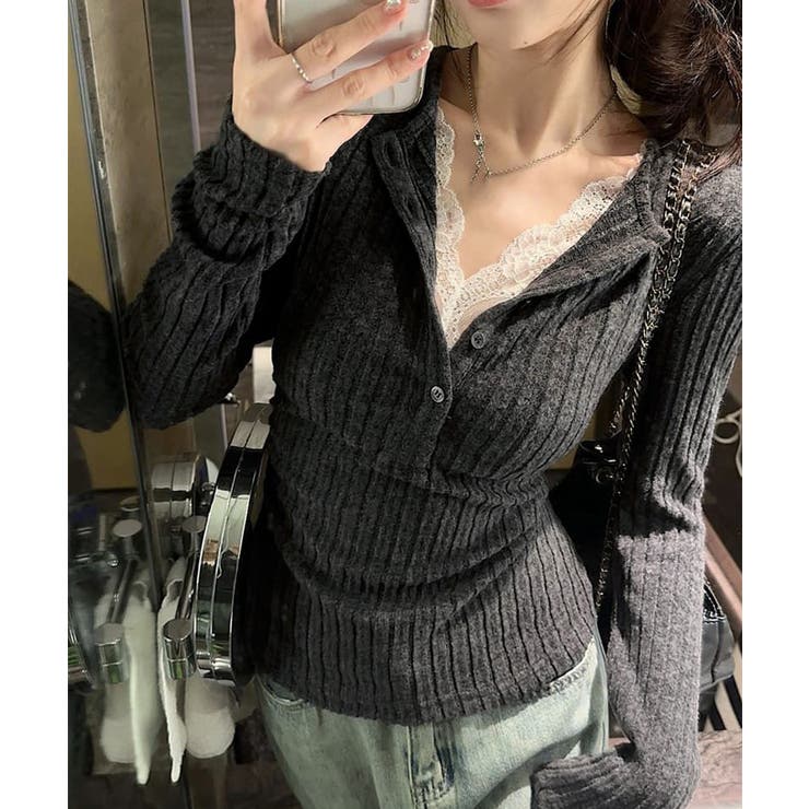 レース付リブニットトップス Vネック長袖 | SUNSHINE CLOSET | 詳細画像8 