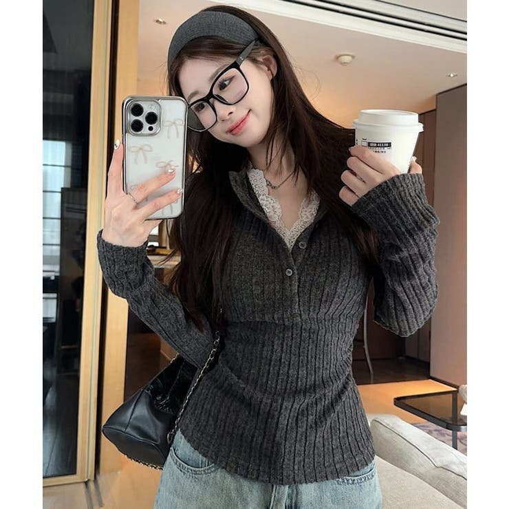 レース付リブニットトップス Vネック長袖 | SUNSHINE CLOSET | 詳細画像9 