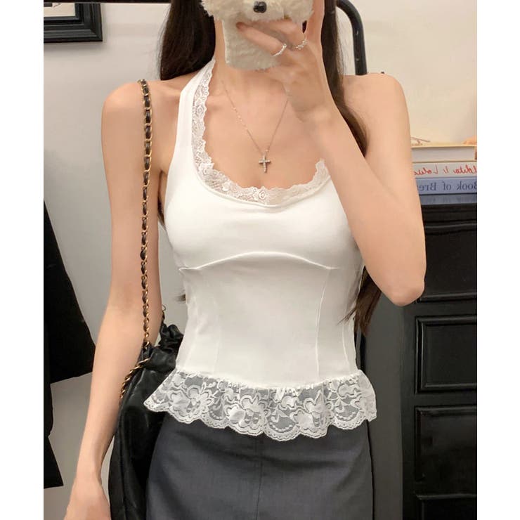 裾フリルレースホルターネックタンクトップ[品番：AGCW0006640