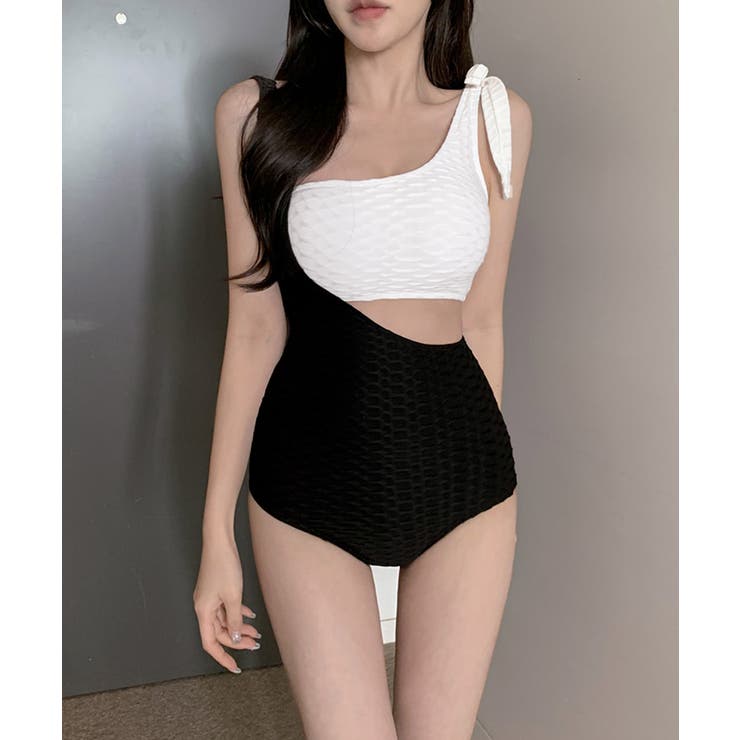 anuans ショルダーリボンワンピース 水着 ブラック ショルダーリボン