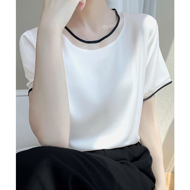 クルーネック サテン風シャツブラウス[品番：AGCW0006748
