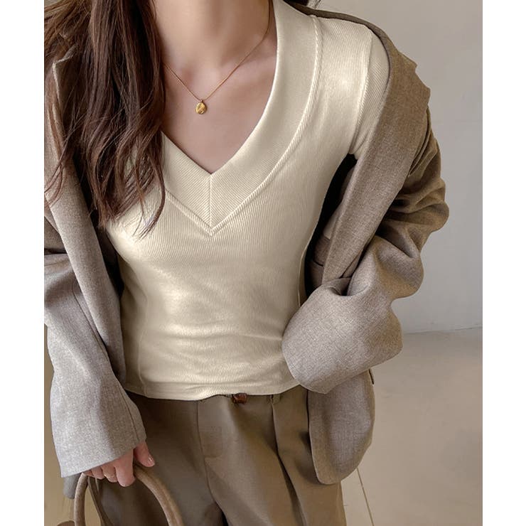 Vネック 長袖Tシャツ 韓国風カットソー | SUNSHINE CLOSET | 詳細画像1 