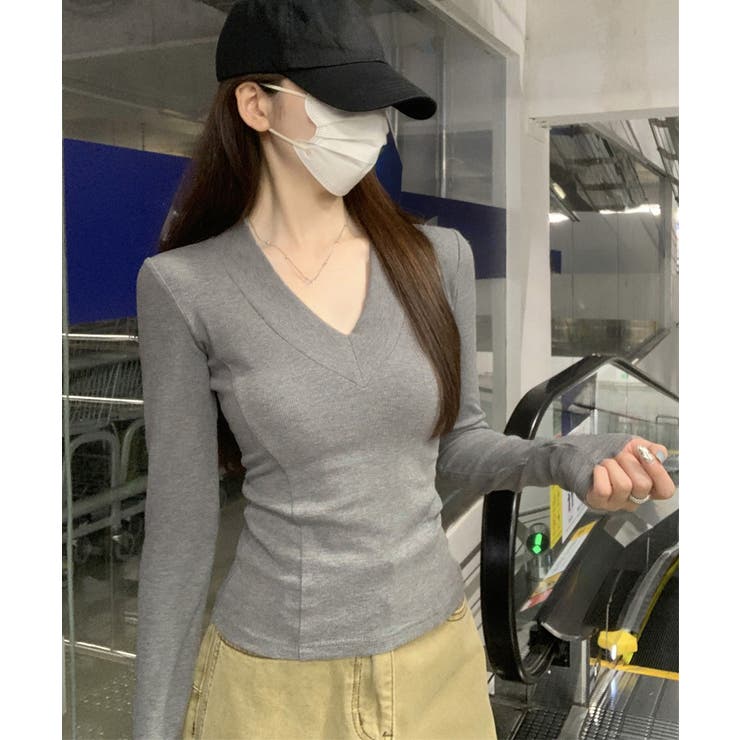 Vネック 長袖Tシャツ 韓国風カットソー | SUNSHINE CLOSET | 詳細画像11 