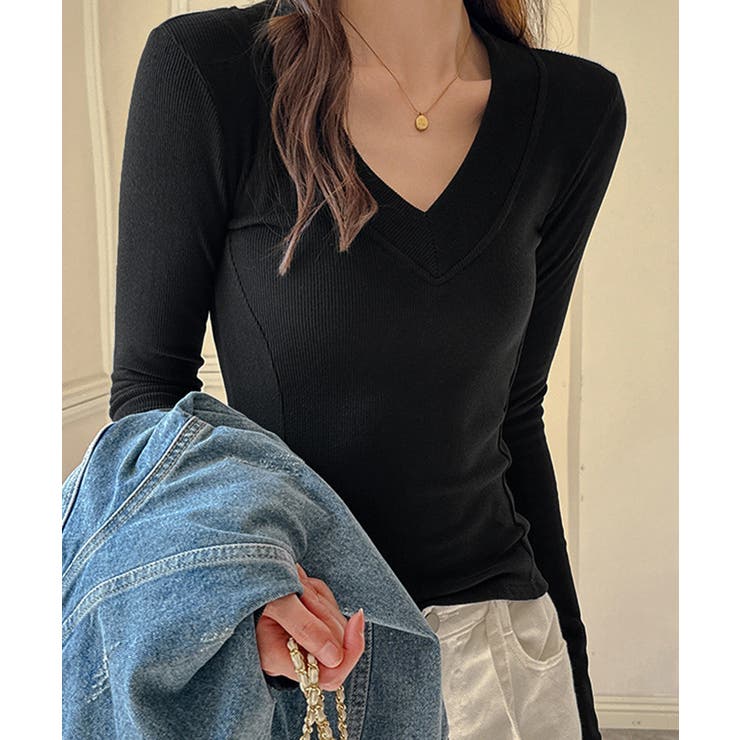 Vネック 長袖Tシャツ 韓国風カットソー | SUNSHINE CLOSET | 詳細画像12 