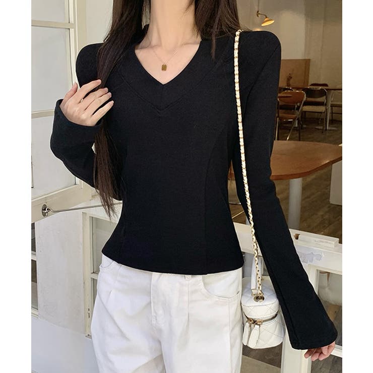 Vネック 長袖Tシャツ 韓国風カットソー | SUNSHINE CLOSET | 詳細画像13 