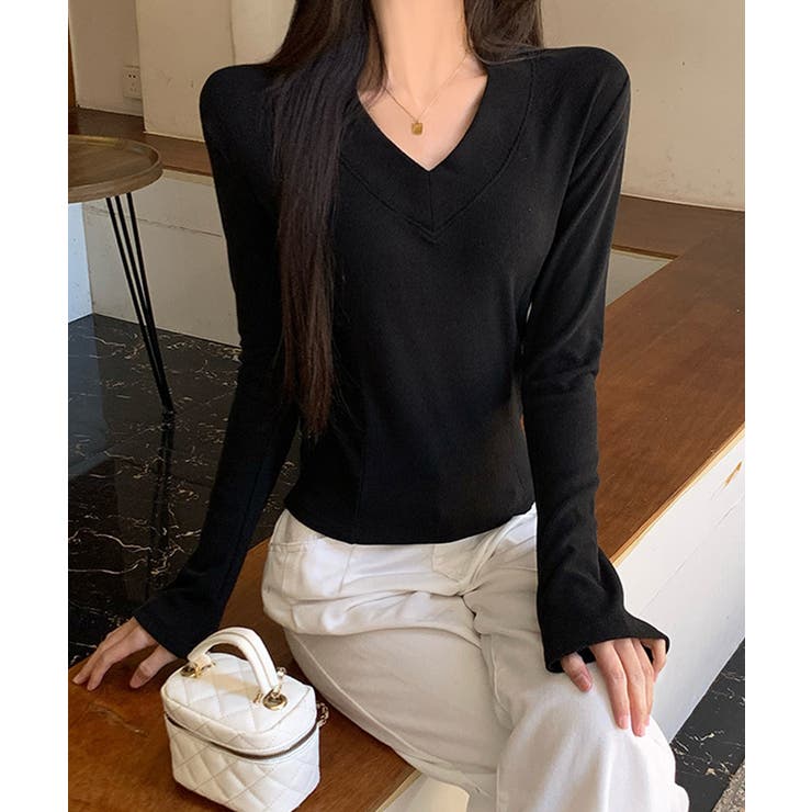 Vネック 長袖Tシャツ 韓国風カットソー | SUNSHINE CLOSET | 詳細画像15 