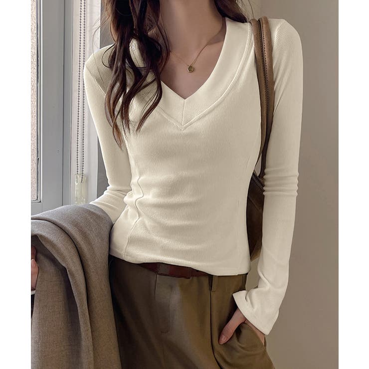 Vネック 長袖Tシャツ 韓国風カットソー | SUNSHINE CLOSET | 詳細画像2 