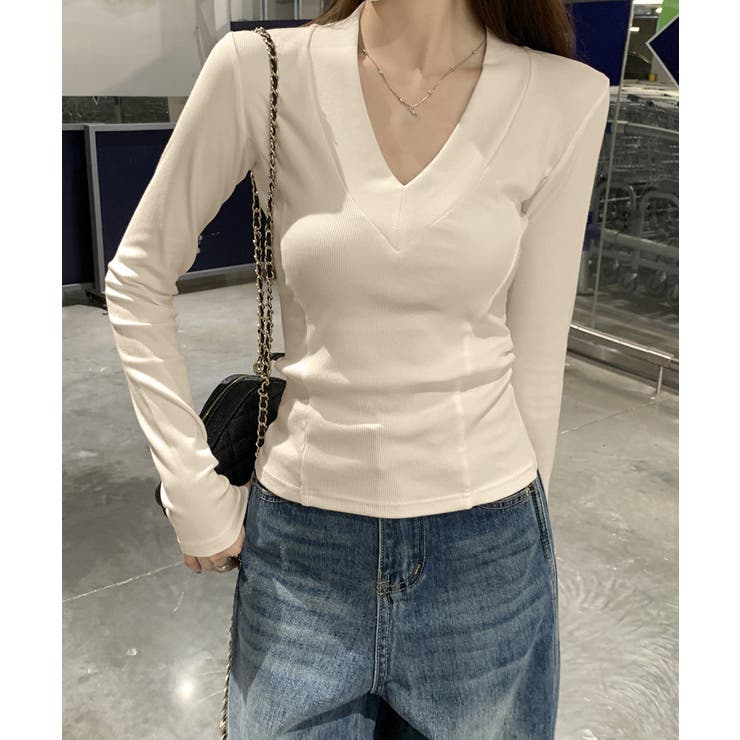 Vネック 長袖Tシャツ 韓国風カットソー | SUNSHINE CLOSET | 詳細画像3 