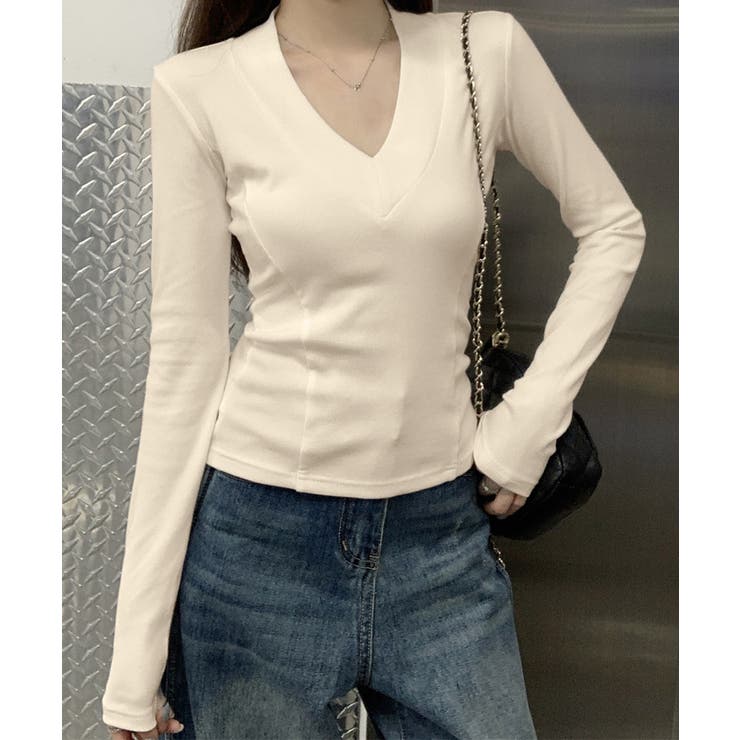 Vネック 長袖Tシャツ 韓国風カットソー | SUNSHINE CLOSET | 詳細画像5 