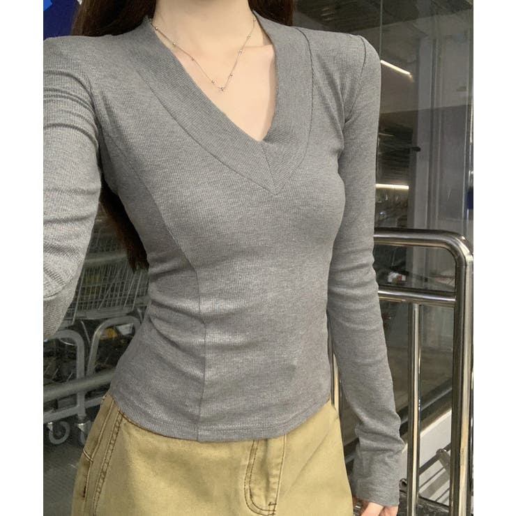 Vネック 長袖Tシャツ 韓国風カットソー | SUNSHINE CLOSET | 詳細画像7 