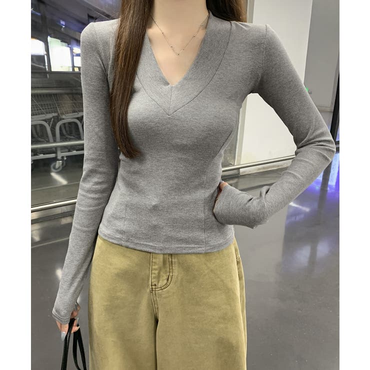 Vネック 長袖Tシャツ 韓国風カットソー | SUNSHINE CLOSET | 詳細画像8 
