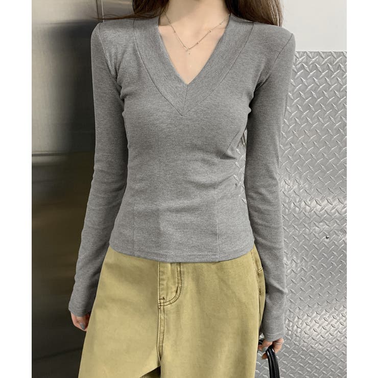 Vネック 長袖Tシャツ 韓国風カットソー | SUNSHINE CLOSET | 詳細画像9 