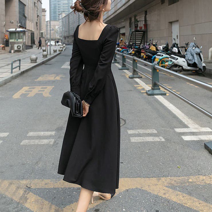 スクエアネック ワンピース レディース黒[品番：AGCW0003202