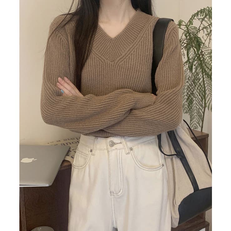 (取寄) シーシー レディース ニット V-ネック コンボ パール スリーブ トップ CeCe ニットトップス レディース 無地Vネック[品番：AGCW0005212