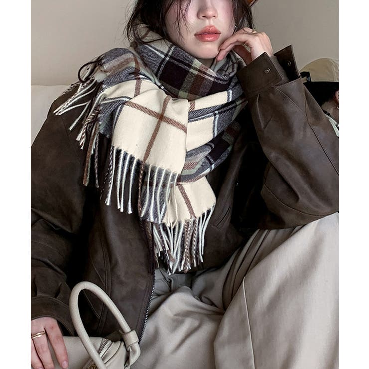 フリンジマフラー チェック柄 韓国風秋冬[品番：AGCW0005213