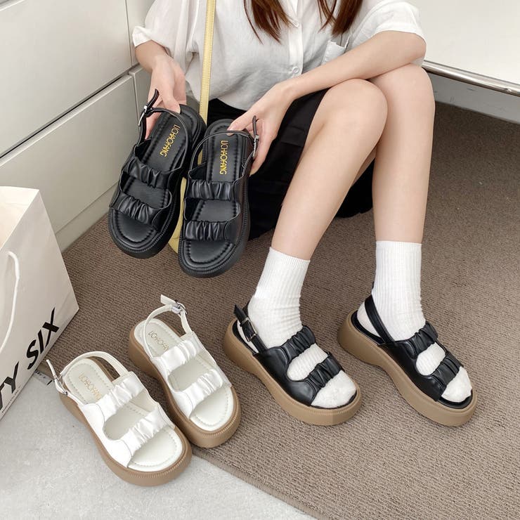 厚底サンダル ダブルベルト 夏靴 韓国[品番：AGCW0004102]｜SUNSHINE