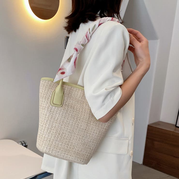 かごバッグスカーフ付きストローバッグ 春 春服[品番