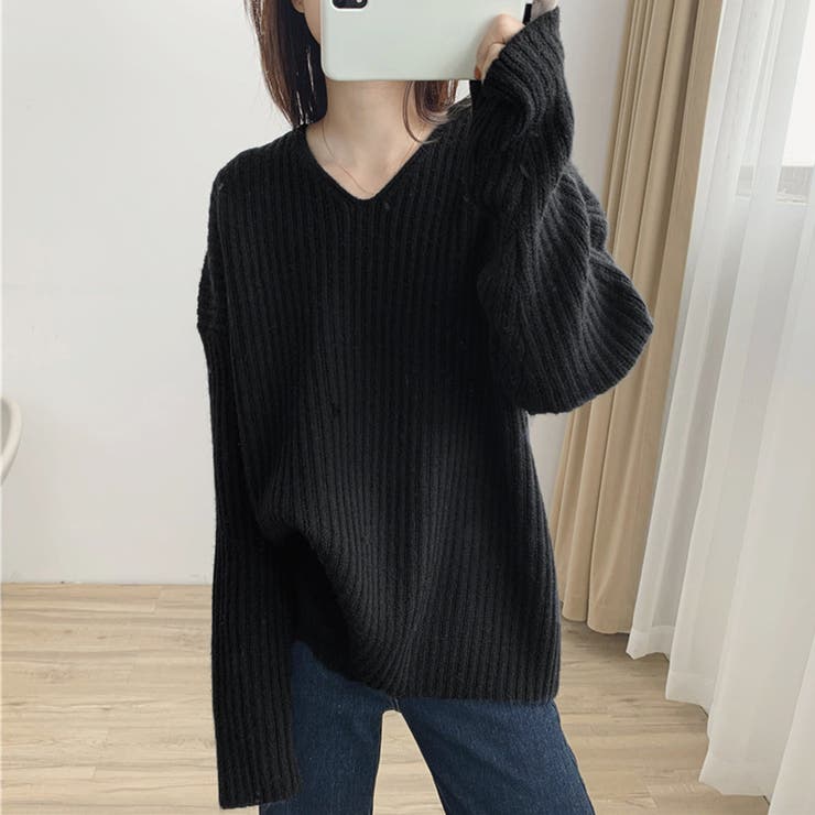 ブラック | リブ ニットトップス春秋冬ニットセーター | SUNSHINE CLOSET