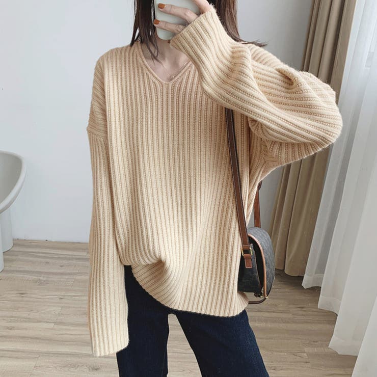 ライトベージュ | リブ ニットトップス春秋冬ニットセーター | SUNSHINE CLOSET
