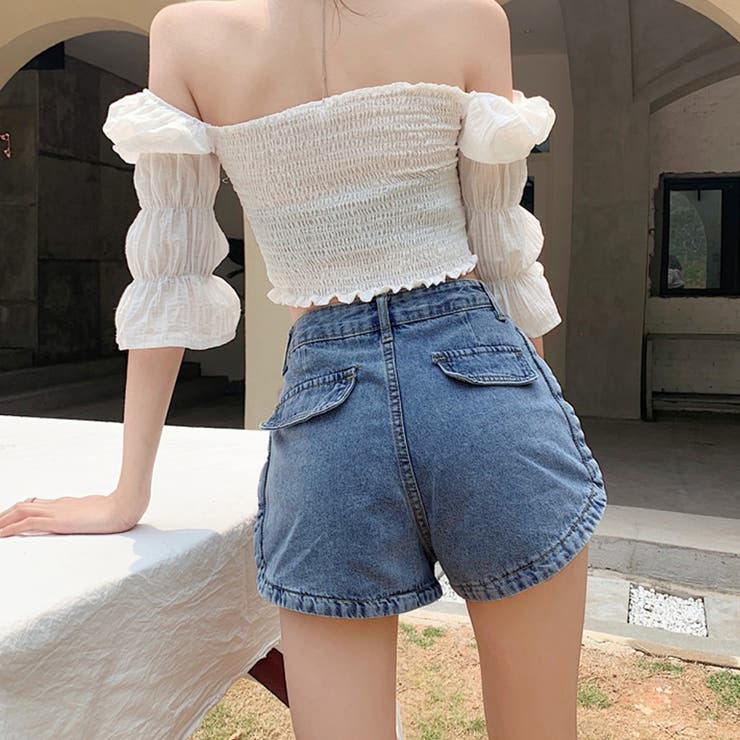 デニム ショートパンツ ハイウエスト美脚[品番：AGCW0003790