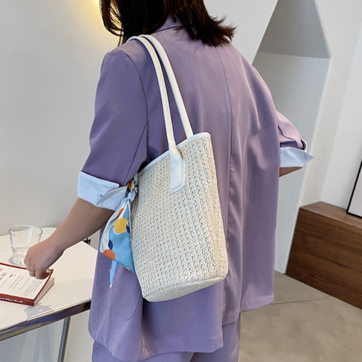 かごバッグスカーフ付きストローバッグ 春 春服[品番