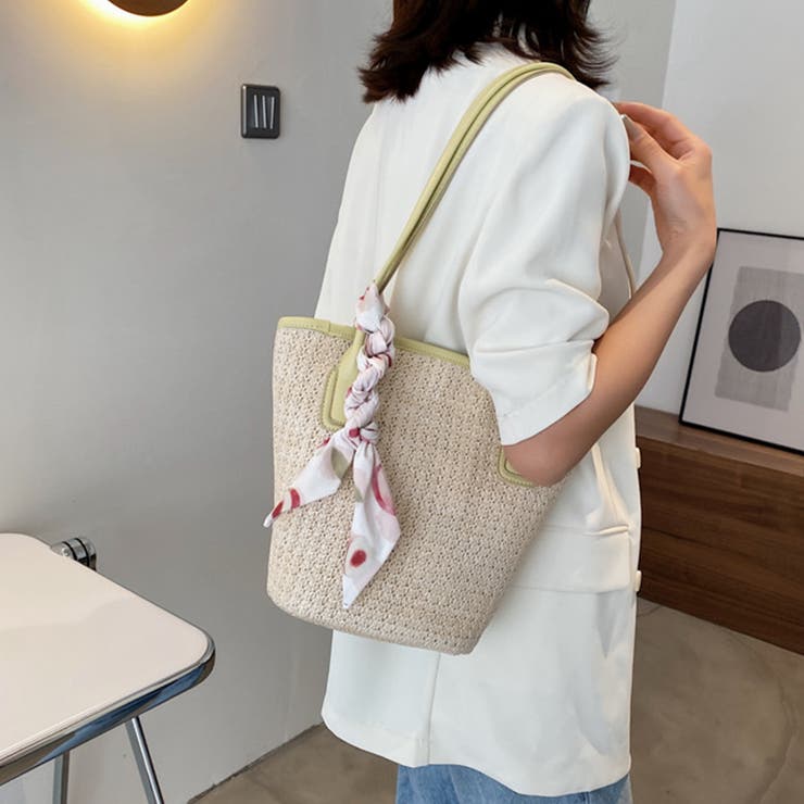 かごバッグスカーフ付きストローバッグ 春 春服[品番