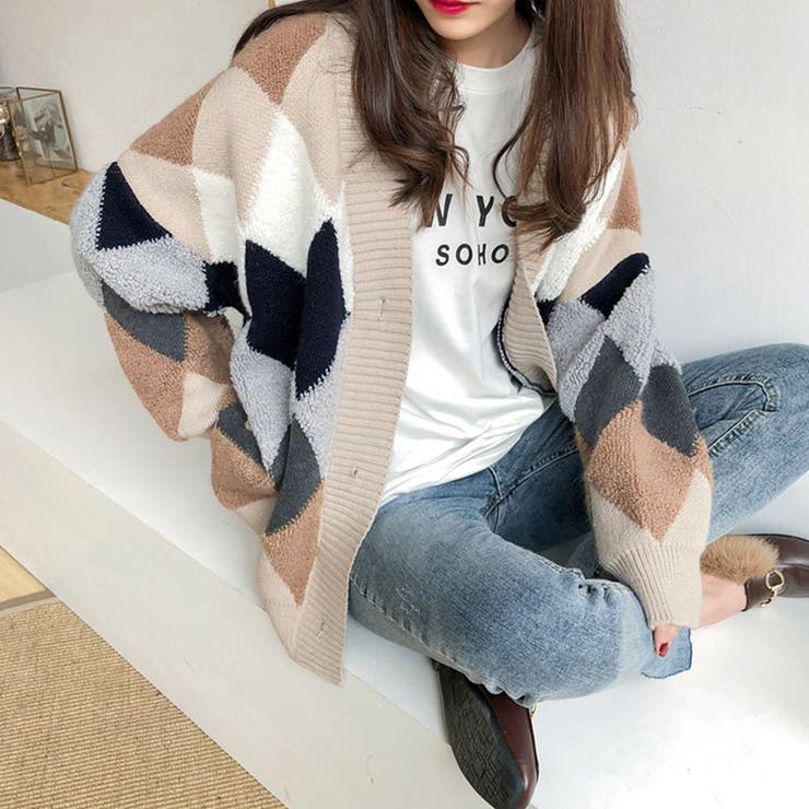 エスニック柄ロングカーディガン 秋 冬 韓国ファッション 10代