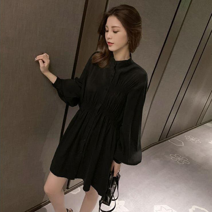 【韓国ブランド】シャラン長袖ミニロングワンピースN460 ロングワンピース ウエストマーク 襟付き[品番：JSFW0008301