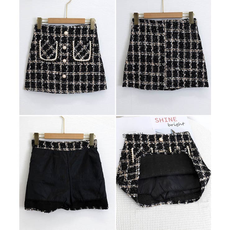 シャネルツィードミニスカート後ろポケット付き ツイード風ミニスカート インナーパンツ付[品番：AGCW0001217