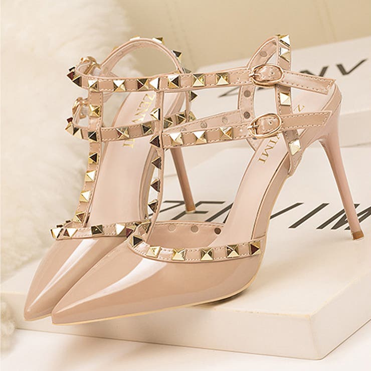 スタッズ付きピンクハイヒール スタッズ ピンヒール パンプス[品番：AGCW0001522]｜SUNSHINE