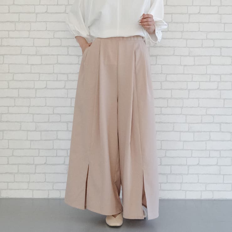 ベージュ | 暑い時期もさらっと快適！リネンライクスリット入りワイドパンツ | aquagarage