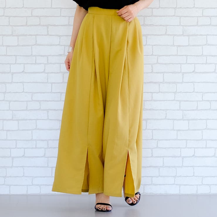 イエロー | 暑い時期もさらっと快適！リネンライクスリット入りワイドパンツ | aquagarage