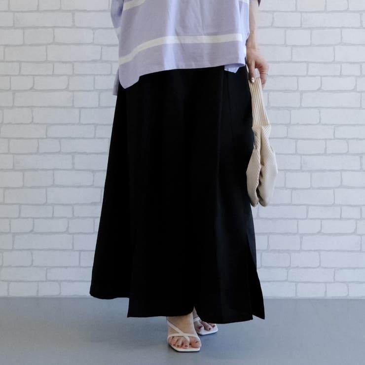 ブラック | 暑い時期もさらっと快適！リネンライクスリット入りワイドパンツ | aquagarage