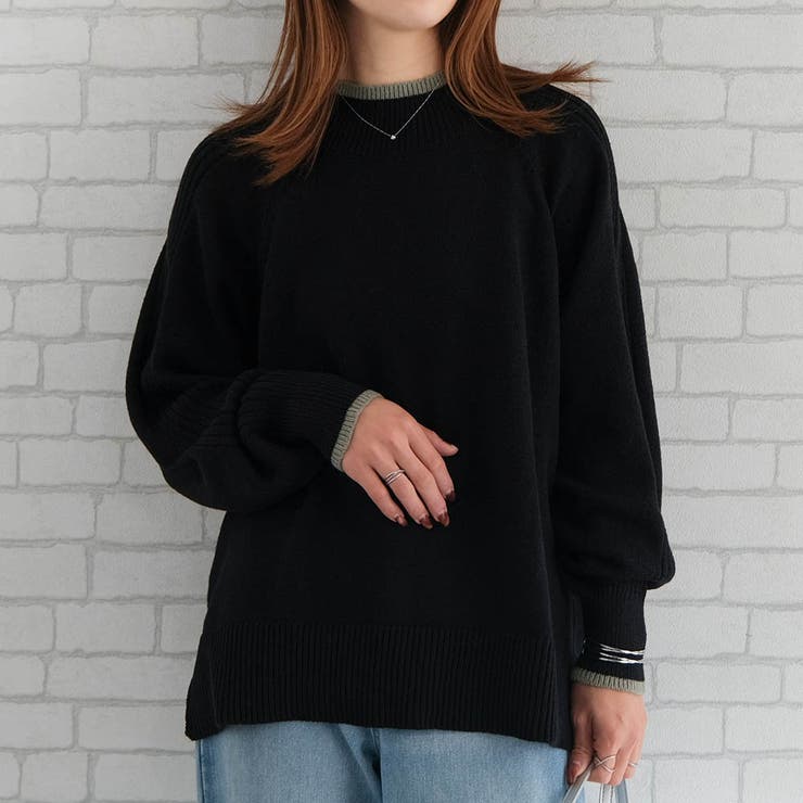 ブラック | 配色ハイネックニットトップス レディース  秋 冬 | aquagarage