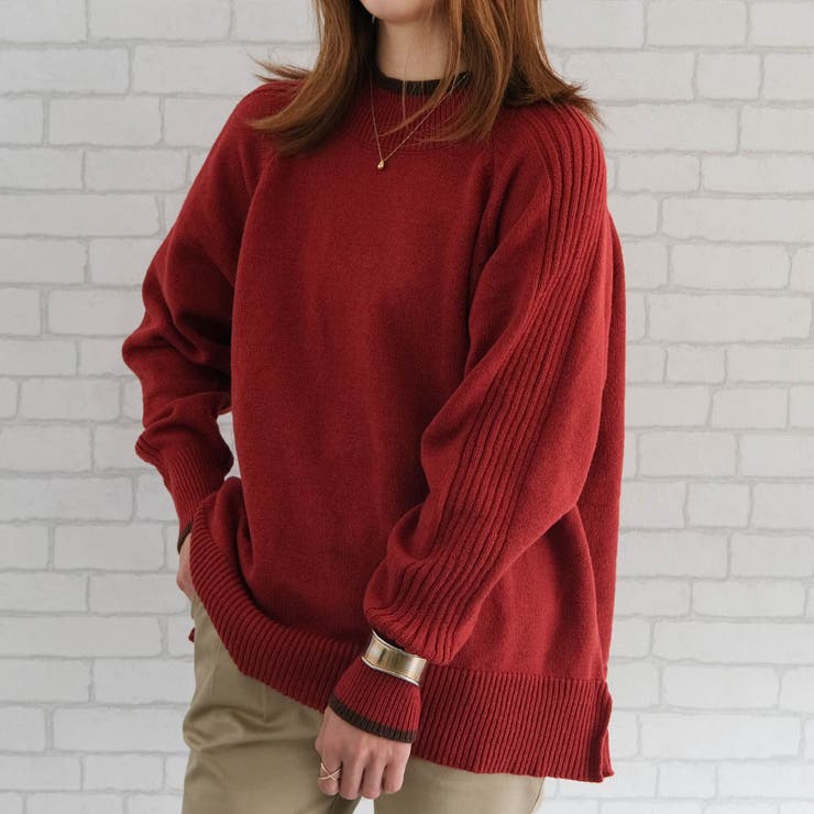 レッド | 配色ハイネックニットトップス レディース  秋 冬 | aquagarage