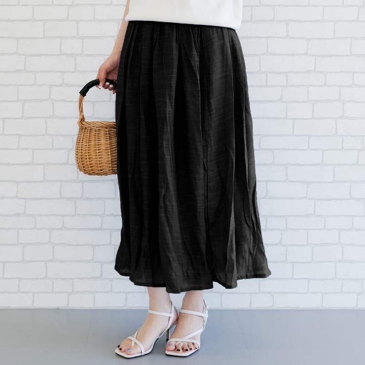 ブラック | 歩く度にひらりと揺れる！軽やかな素材感が涼し気なウエストフリルフレアスカート | aquagarage