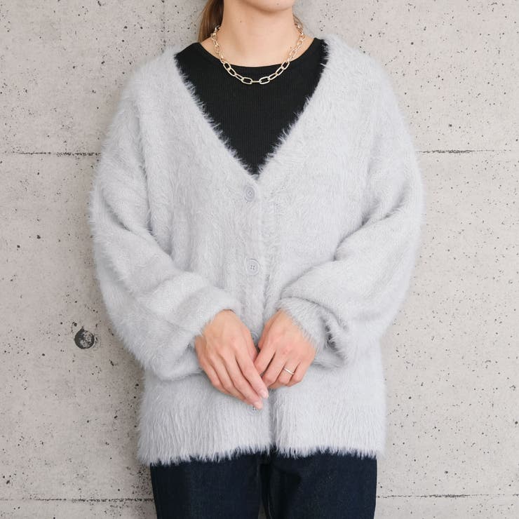 ライトグレー | ふんわりしたソフトなタッチのシャギーVネックカーディガン | aquagarage