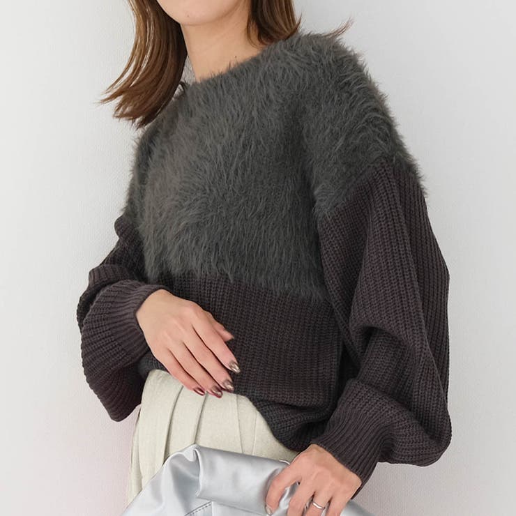 チャコール | 片畦部分シャギーニットトップス 秋 冬 レディース | aquagarage