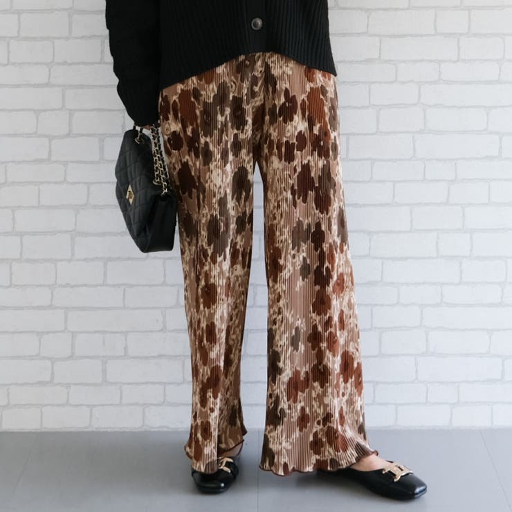 フラワー：ブラウン | 繊細で華やかな印象のアコーディオンプリーツパンツ | aquagarage